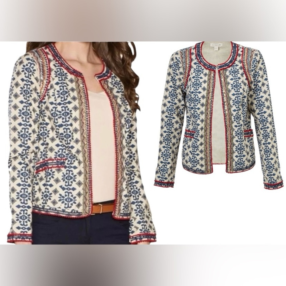 NWOT Sheryl Crow Geometric Pom Pom Sequin Beaded Jacket Blue Red White Size 1X
